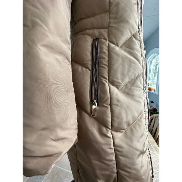 Zara‎ Basic Worn once down feather blend fur hood trim coat beige caramel size S - Picture 12 of 14